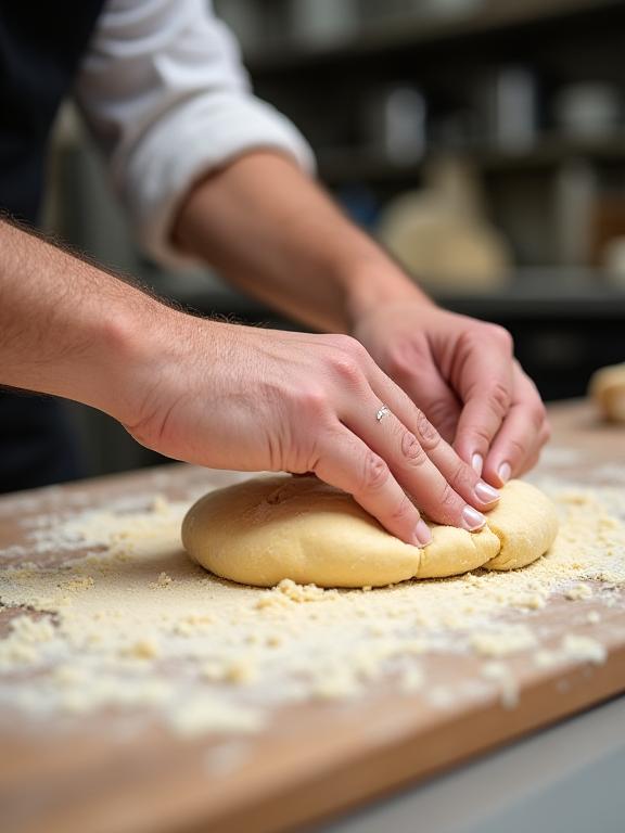 Le mani di uno chef che lavorano con passione l'impasto per la pizza.